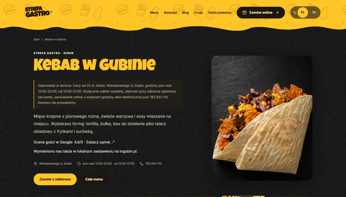Podstrona Kebab w Gubinie z opisem, godzinami i zdjęciem kebaba