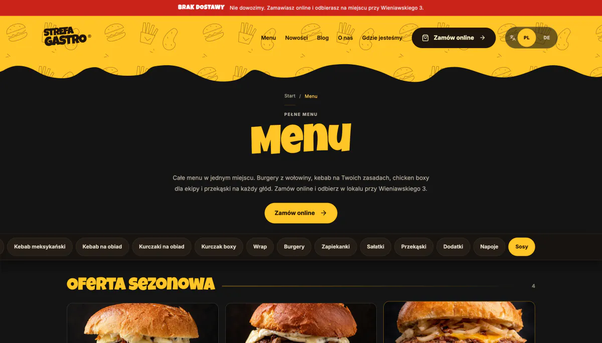 Strona menu Strefy z kategoriami i sekcją Oferta sezonowa