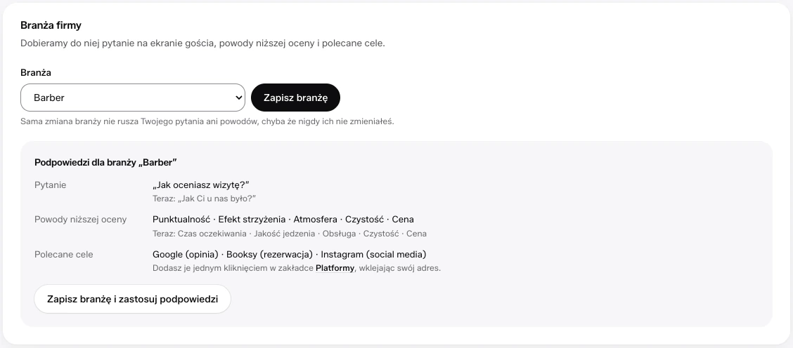 Ustawienia w panelu: branża Barber z podpowiedzią pytania, powodów niższej oceny i celów Google, Booksy, Instagram.