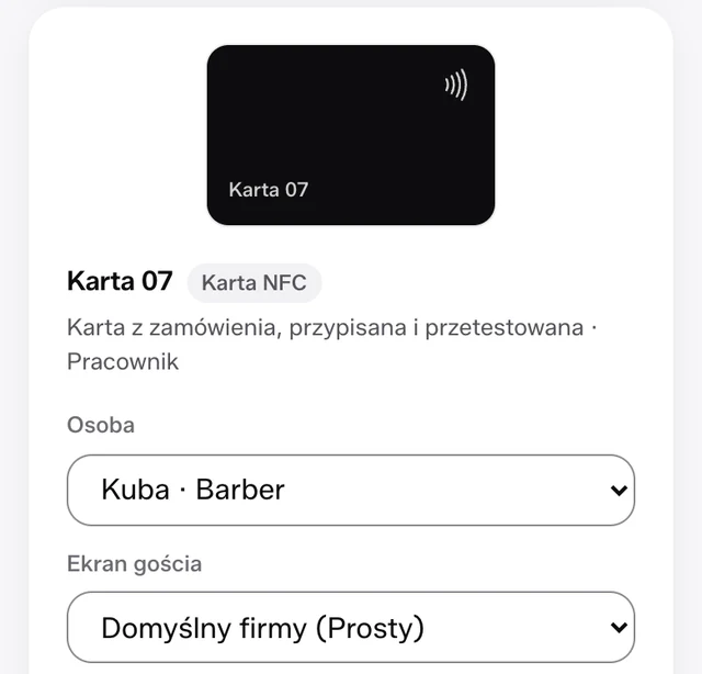 Nośnik „Karta 07”, karta NFC przypisana i przetestowana. W polu Osoba wybrany Kuba, barber.