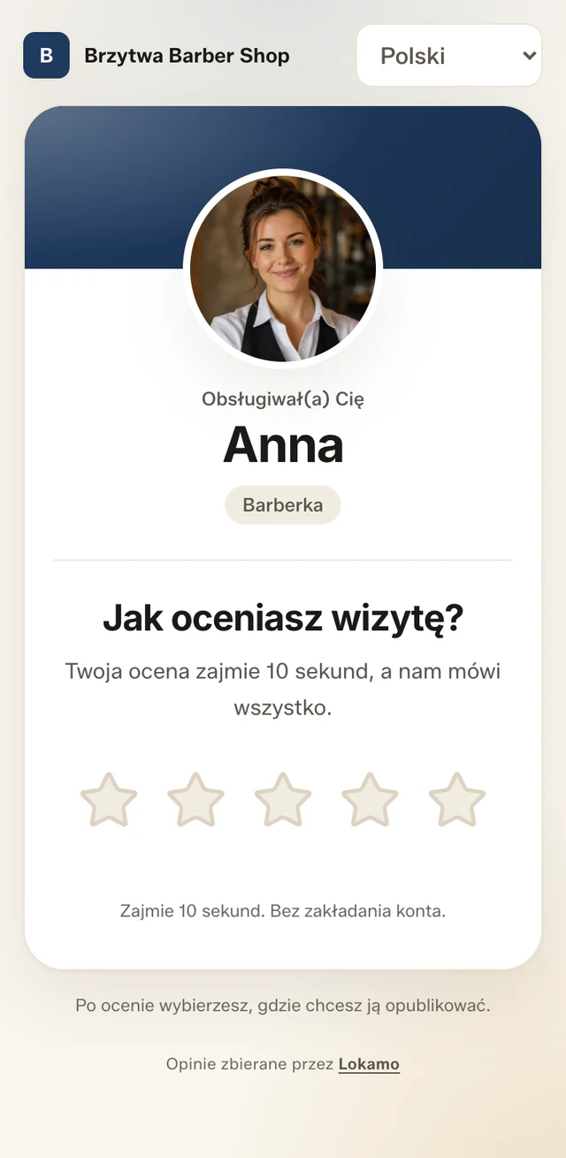 Ekran oceny wizyty na telefonie: logo Brzytwa Barber Shop, imię barberki Anny, pytanie „Jak oceniasz wizytę?” i gwiazdki.