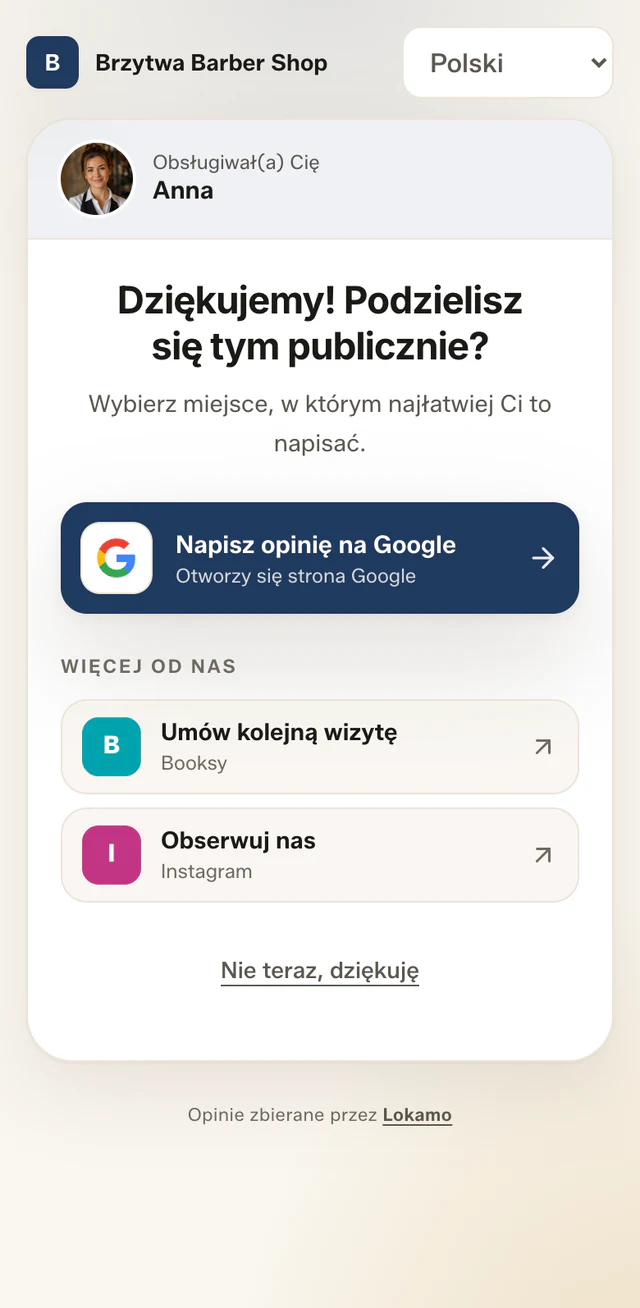 Ekran po ocenie: przycisk „Napisz opinię na Google”, niżej Booksy do kolejnej wizyty i Instagram.