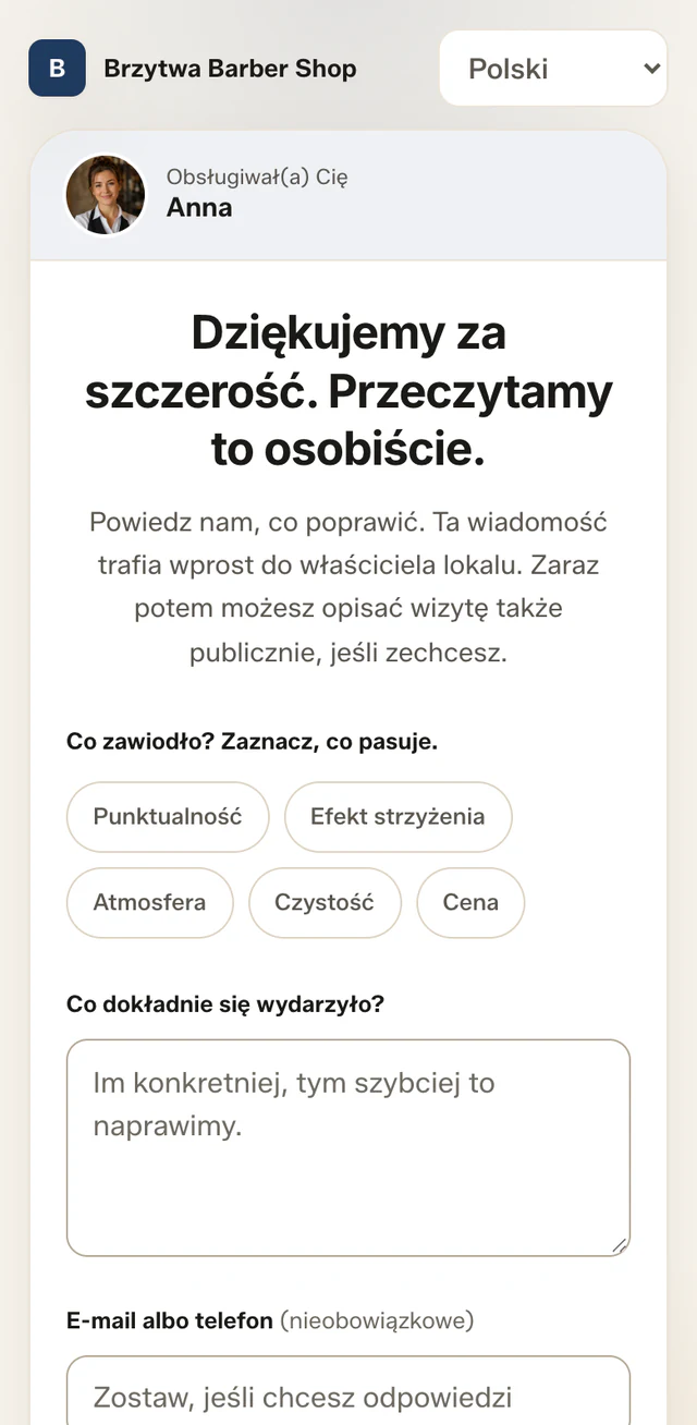 Ekran prywatnej wiadomości: „Co zawiodło?” z powodami do zaznaczenia, polem na opis i opcjonalnym kontaktem.