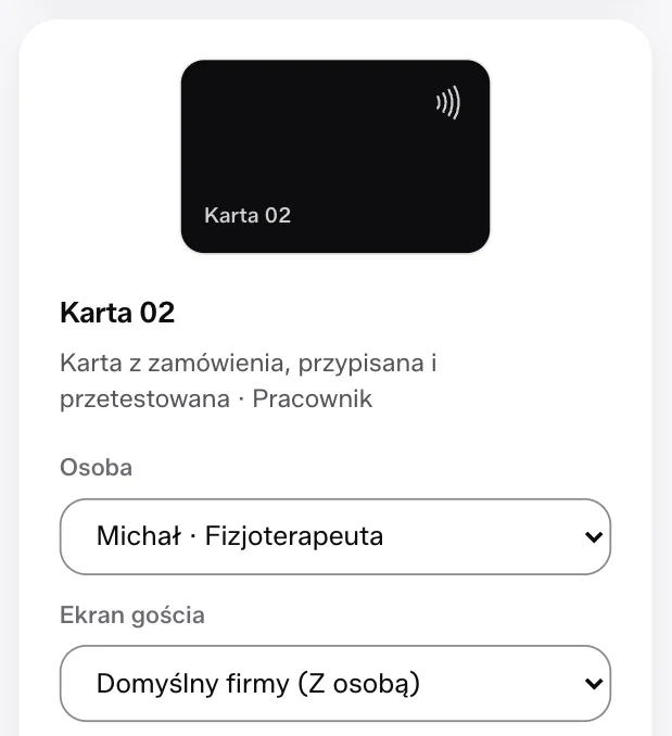 Nośnik „Karta 02”, karta NFC przypisana i przetestowana. W polu Osoba wybrany Michał, fizjoterapeuta.