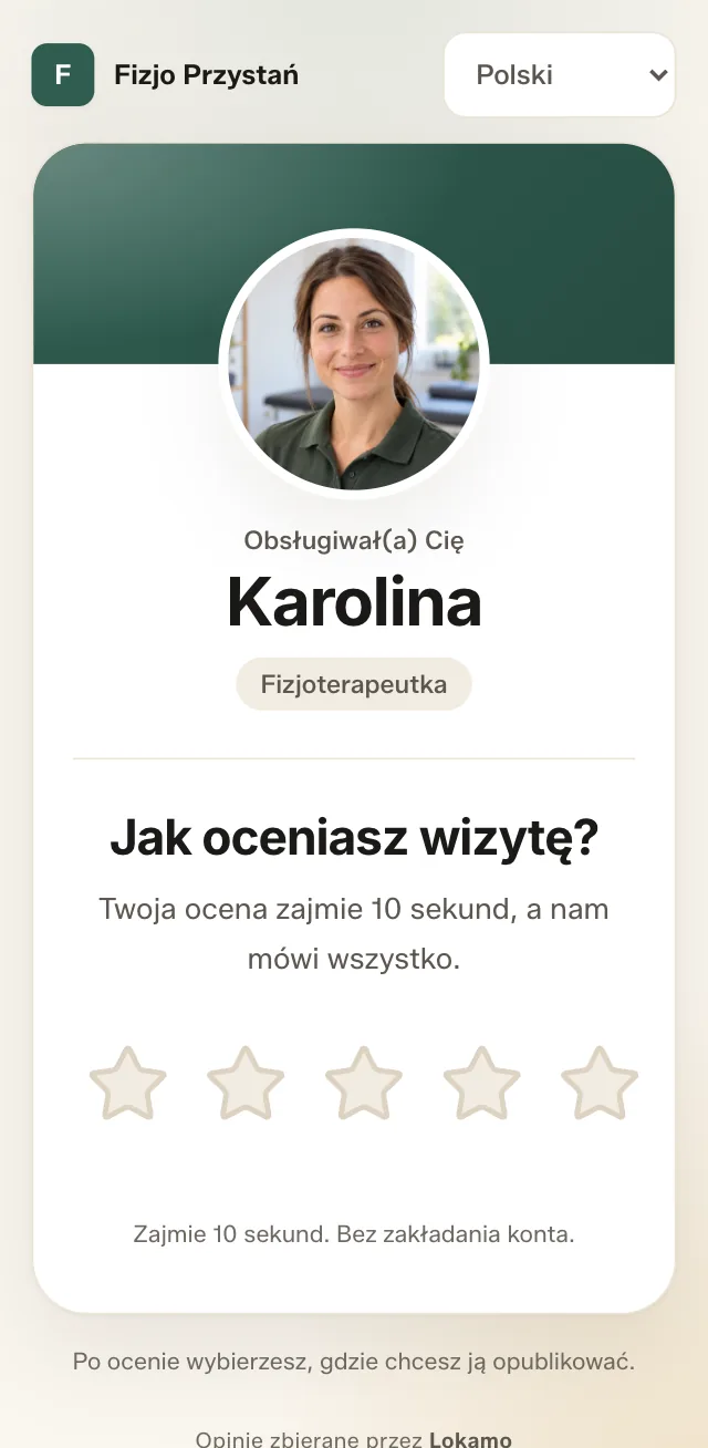 Ekran oceny wizyty: logo Fizjo Przystań, zdjęcie fizjoterapeutki Karoliny, pytanie „Jak oceniasz wizytę?” i gwiazdki.