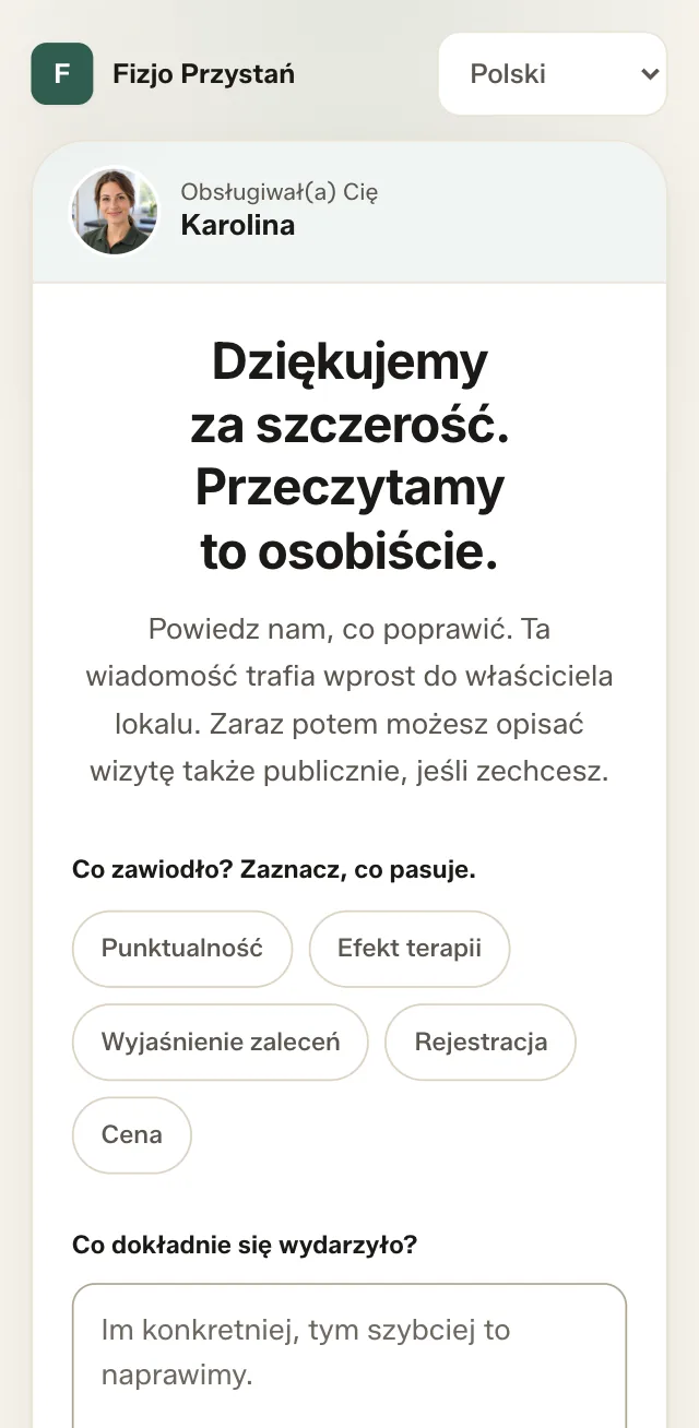 Prywatna wiadomość: „Co zawiodło?” z powodami Punktualność, Efekt terapii, Wyjaśnienie zaleceń, Rejestracja, Cena.
