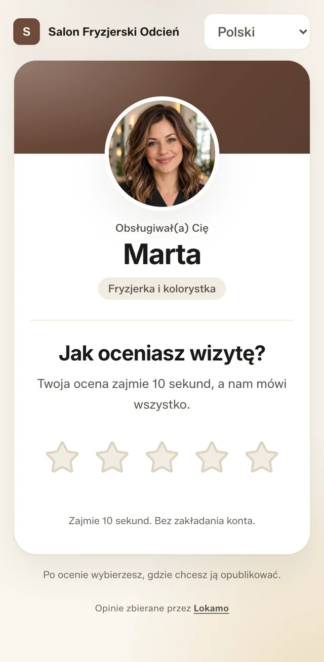 Ekran oceny na telefonie: Salon Fryzjerski Odcień, fryzjerka Marta, pytanie „Jak oceniasz wizytę?” i gwiazdki.