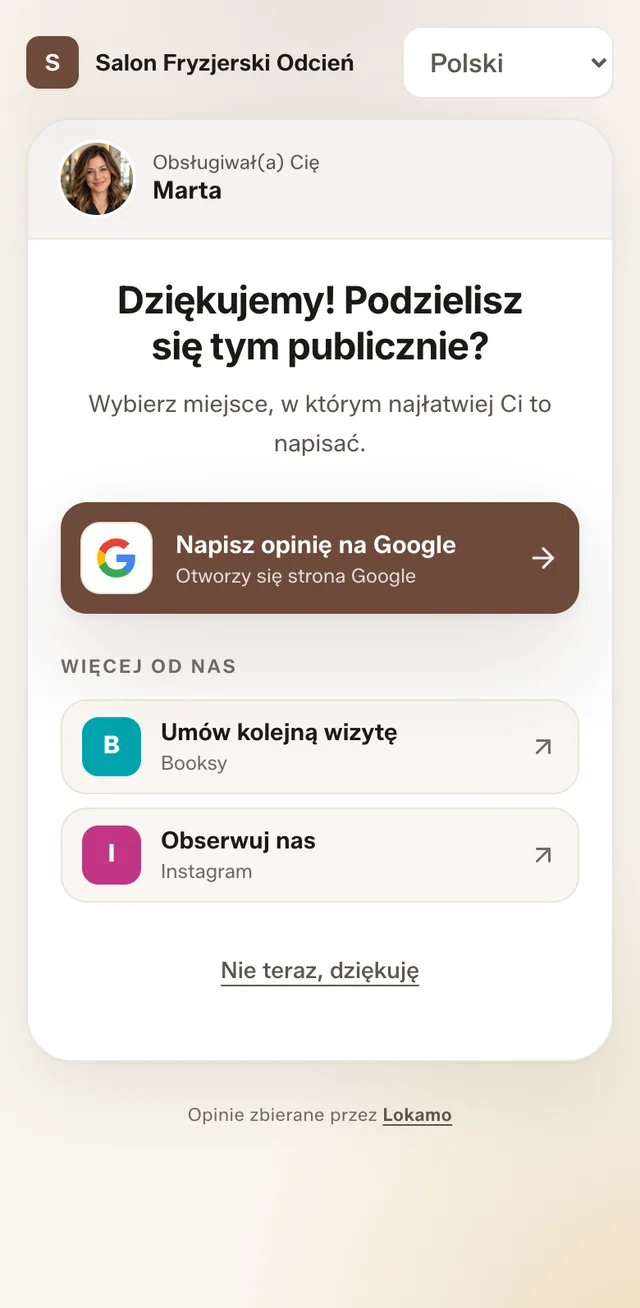 Ekran po ocenie: przycisk „Napisz opinię na Google”, niżej Booksy do kolejnej wizyty i Instagram.