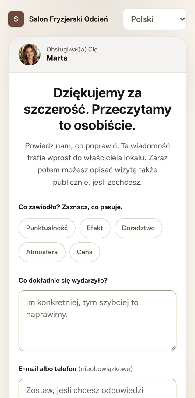 Ekran prywatnej wiadomości: „Co zawiodło?” z powodami do zaznaczenia, polem na opis i opcjonalnym kontaktem.