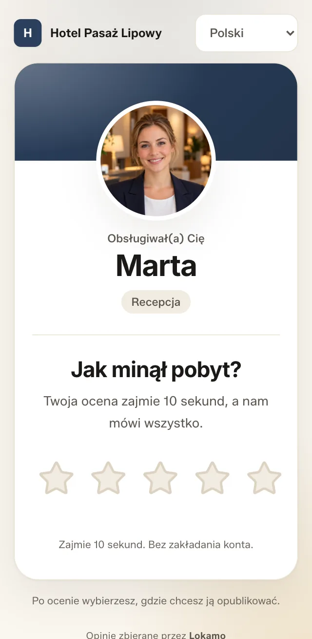 Ekran oceny pobytu: logo Hotel Pasaż Lipowy, zdjęcie Marty z recepcji, pytanie „Jak minął pobyt?” i gwiazdki.