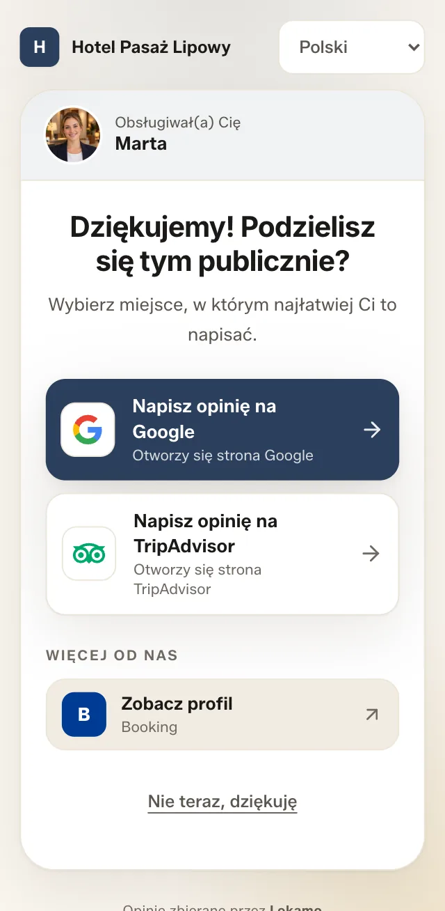 Ekran po ocenie: przyciski „Napisz opinię na Google” i „Napisz opinię na TripAdvisor”, niżej profil w Booking.