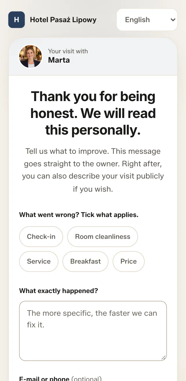 Prywatna wiadomość po angielsku: „What went wrong?” i powody Check-in, Room cleanliness, Service, Breakfast, Price.