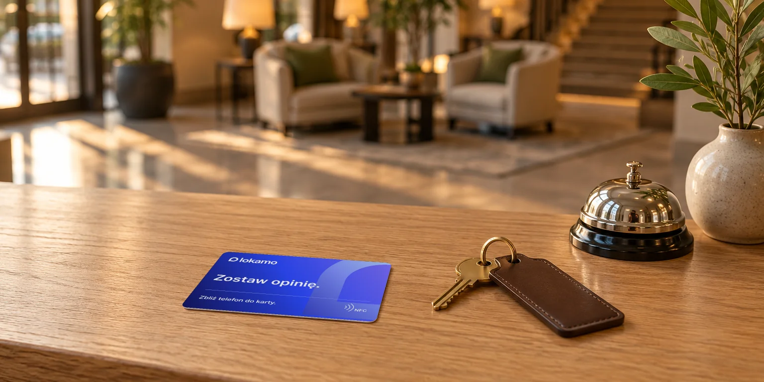 Karta NFC Lokamo „Zostaw opinię.” na blacie recepcji hotelu, obok klucza do pokoju i dzwonka.
