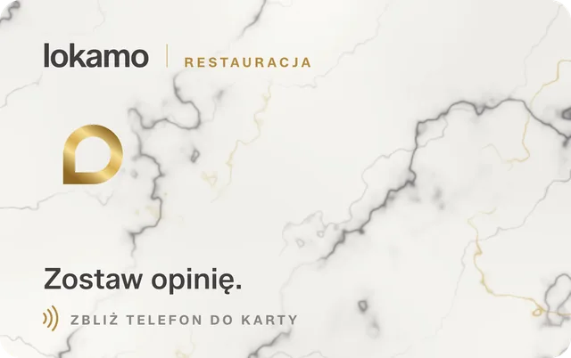 Karta NFC dla restauracji, wariant Marmur: biały marmur ze złotymi żyłkami, napis „Zostaw opinię.”