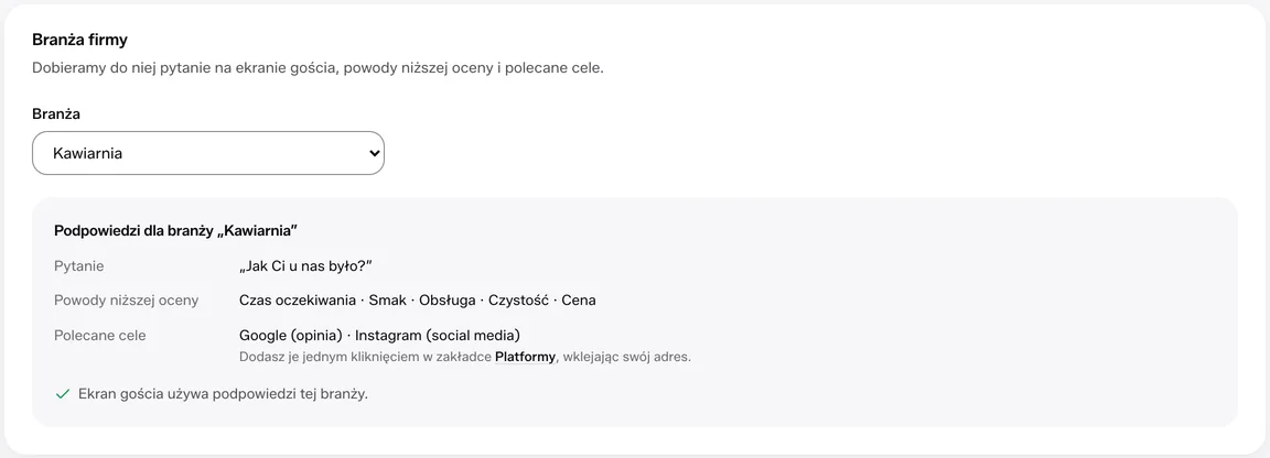 Ustawienia w panelu: branża Kawiarnia z podpowiedzią pytania, powodów niższej oceny i celów Google oraz Instagram.