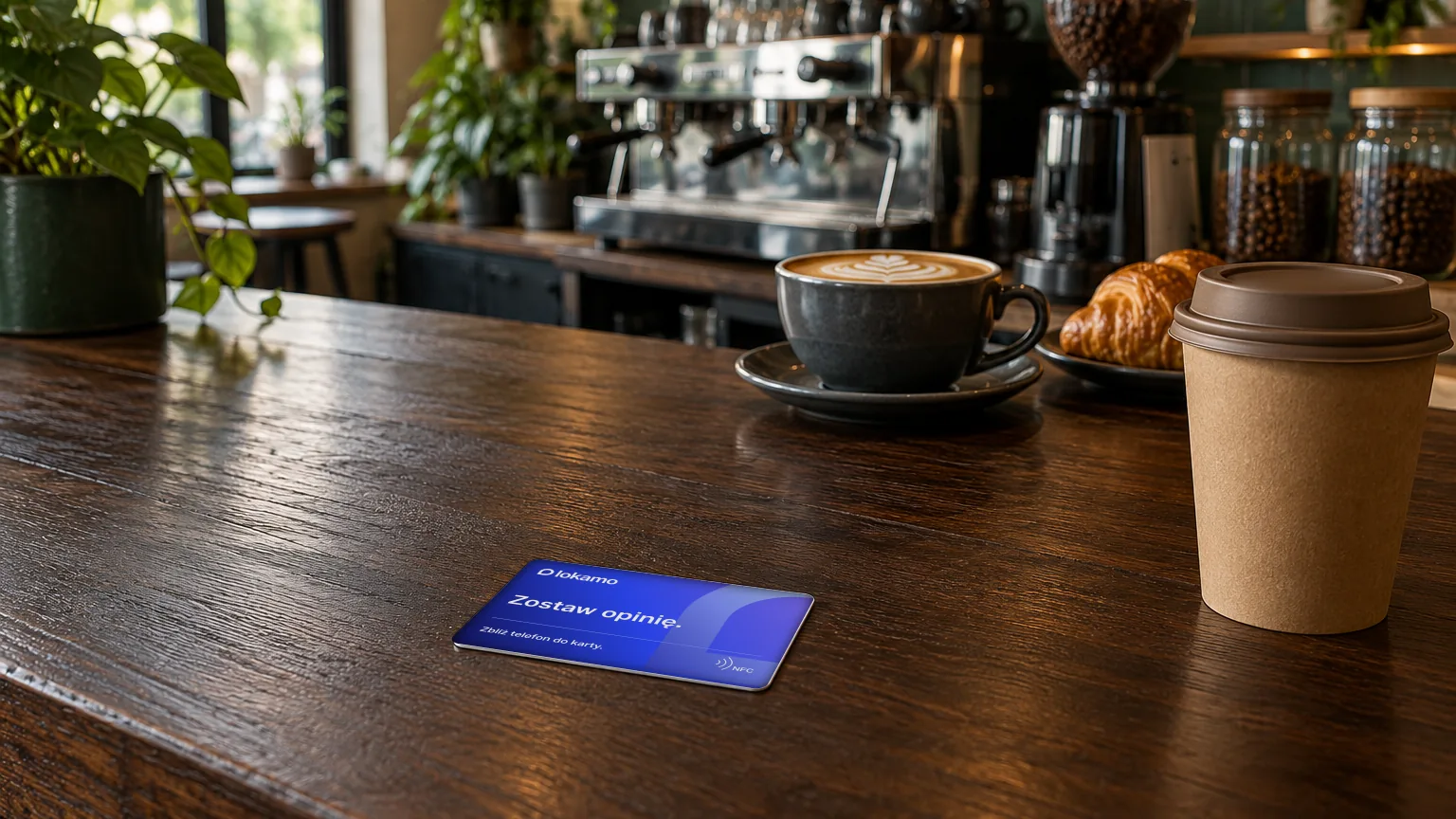 Karta NFC Lokamo „Zostaw opinię.” na drewnianej ladzie kawiarni obok cappuccino i kubka na wynos.