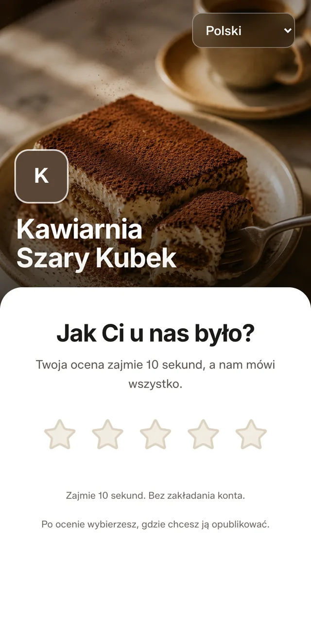 Ekran oceny na telefonie: zdjęcie i nazwa Kawiarni Szary Kubek, pytanie „Jak Ci u nas było?” i pięć gwiazdek.