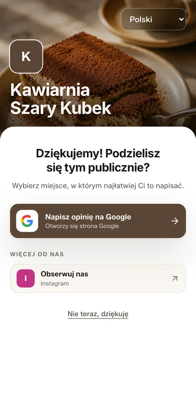 Ekran po ocenie: „Dziękujemy! Podzielisz się tym publicznie?”, przycisk „Napisz opinię na Google” i niżej Instagram.
