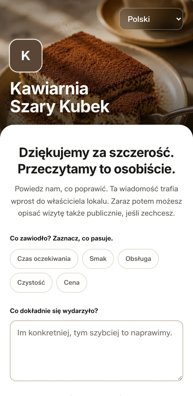 Prywatna wiadomość: „Co zawiodło?” z powodami Czas oczekiwania, Smak, Obsługa, Czystość, Cena i polem na opis.