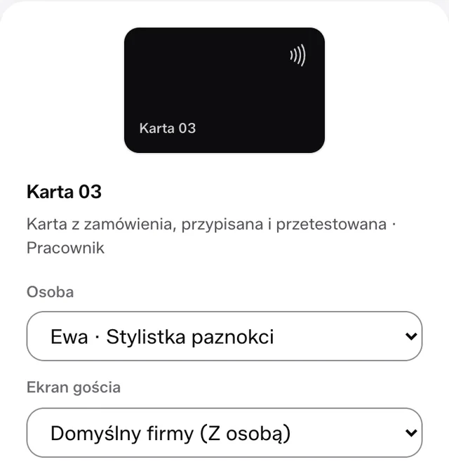 Nośnik „Karta 03”, karta NFC przypisana i przetestowana. W polu Osoba wybrana Ewa, stylistka paznokci.