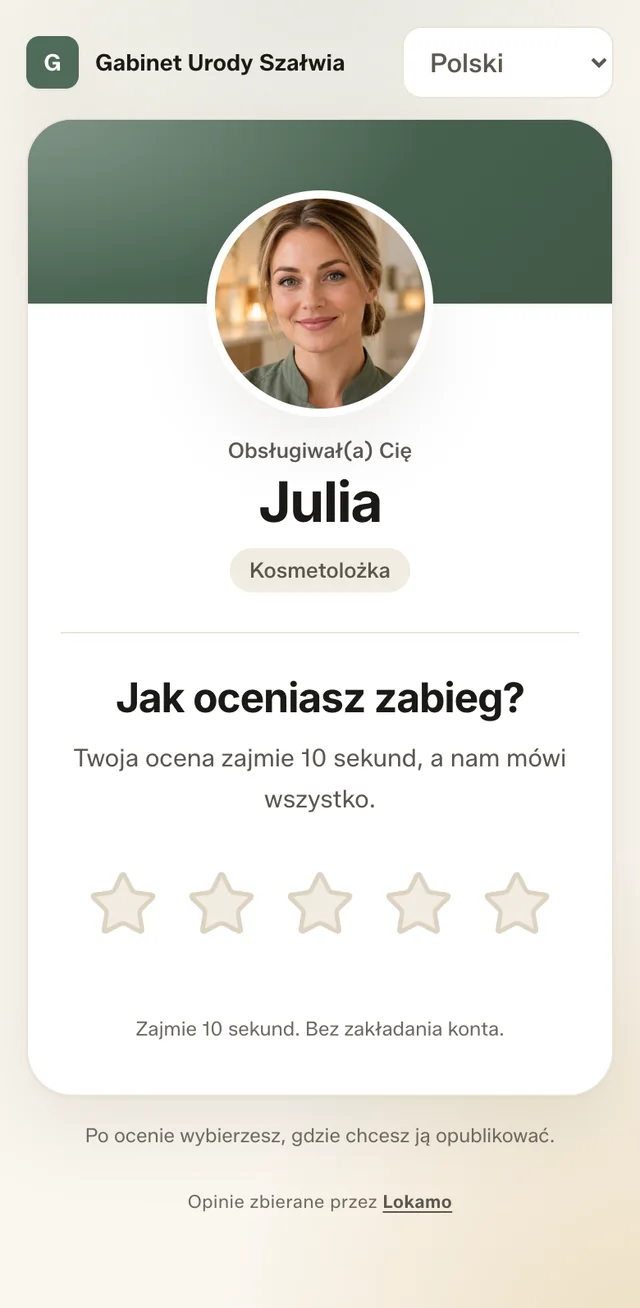 Ekran oceny na telefonie: Gabinet Urody Szałwia, kosmetolożka Julia, pytanie „Jak oceniasz zabieg?” i gwiazdki.