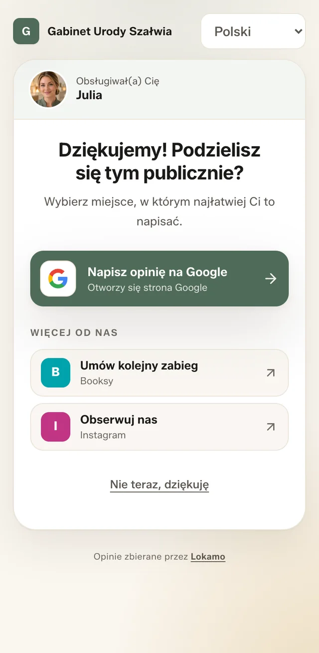 Ekran po ocenie: przycisk „Napisz opinię na Google”, niżej Booksy do kolejnego zabiegu i Instagram.