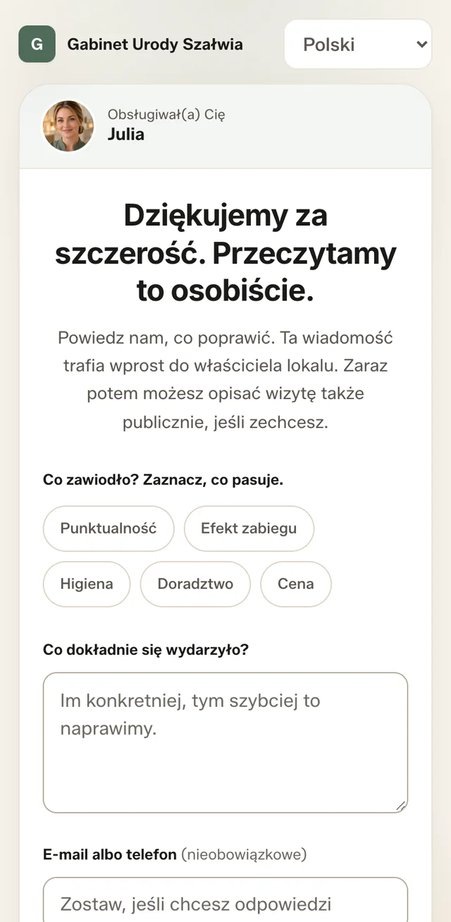 Ekran prywatnej wiadomości: „Co zawiodło?” z powodami do zaznaczenia, polem na opis i opcjonalnym kontaktem.