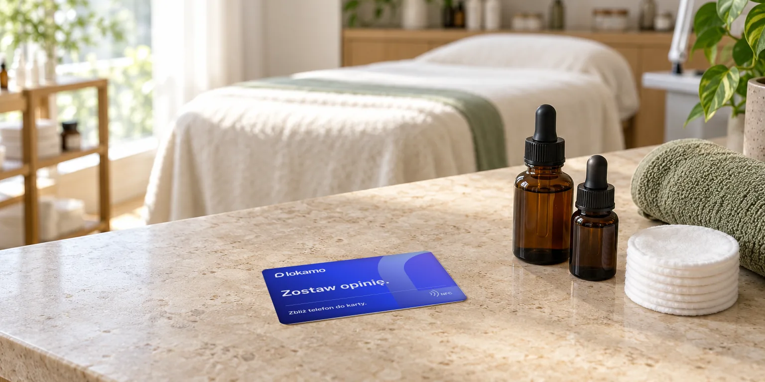 Karta NFC Lokamo „Zostaw opinię.” na blacie stanowiska zabiegowego obok buteleczek serum i płatków kosmetycznych.