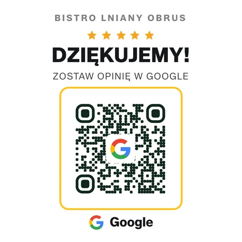 Podgląd naklejki Kwadrat 70 mm: nazwa lokalu, „DZIĘKUJEMY!”, gwiazdki i kod QR w ramce