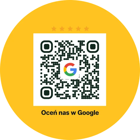Podgląd naklejki Okrągła 50 mm: żółte koło z kodem QR i napisem „Oceń nas w Google”