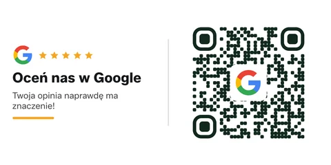 Podgląd naklejki Pozioma 76 × 38 mm: napis „Oceń nas w Google” obok kodu QR