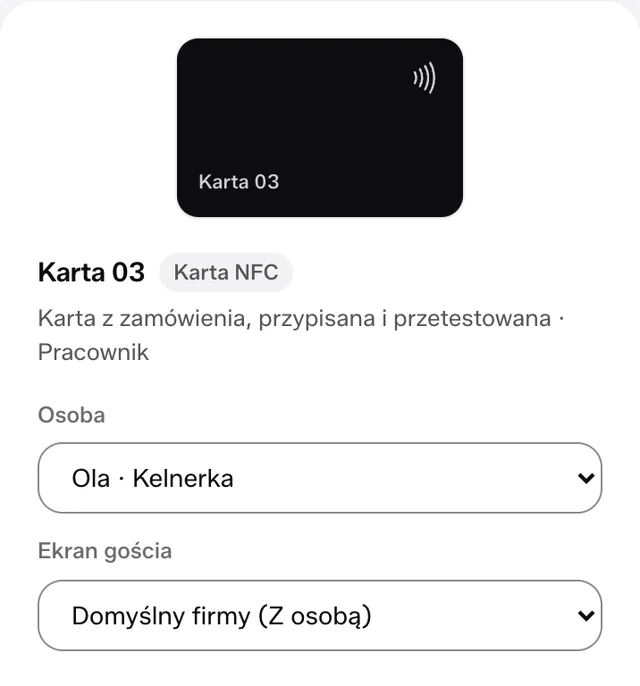 Nośnik „Karta 03”, karta NFC przypisana i przetestowana. W polu Osoba wybrana Ola, kelnerka.