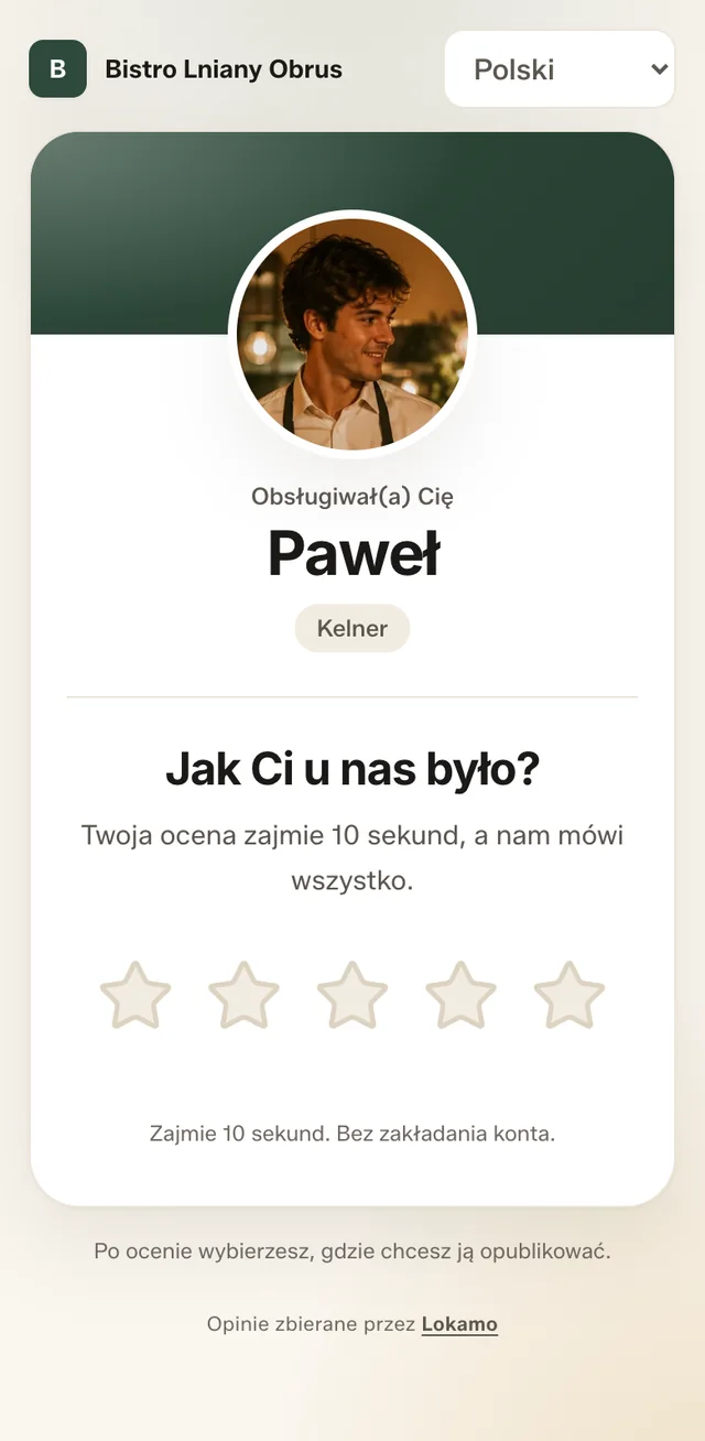 Ekran oceny na telefonie: Bistro Lniany Obrus, zdjęcie i imię kelnera Pawła, pytanie „Jak Ci u nas było?” i gwiazdki.