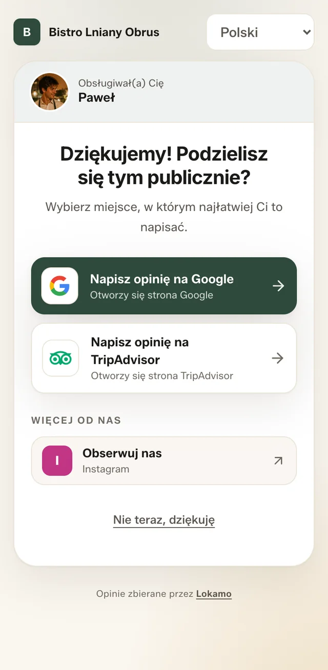 Ekran po ocenie: przyciski „Napisz opinię na Google” i „Napisz opinię na TripAdvisor”, niżej Instagram.