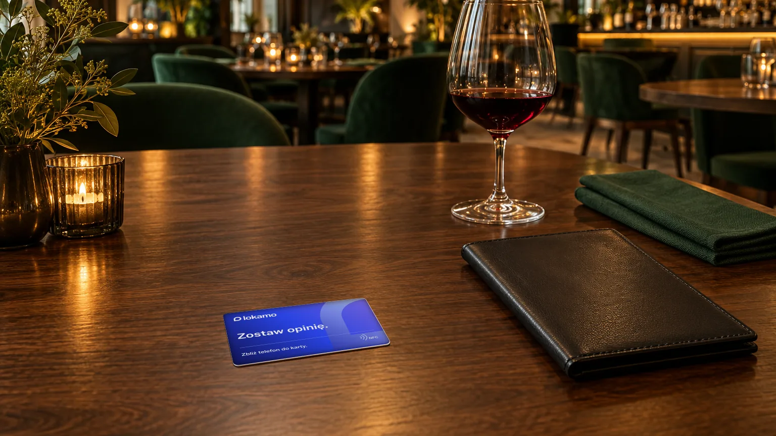 Karta NFC Lokamo „Zostaw opinię.” na stole w restauracji, obok etui na rachunek i kieliszka wina.
