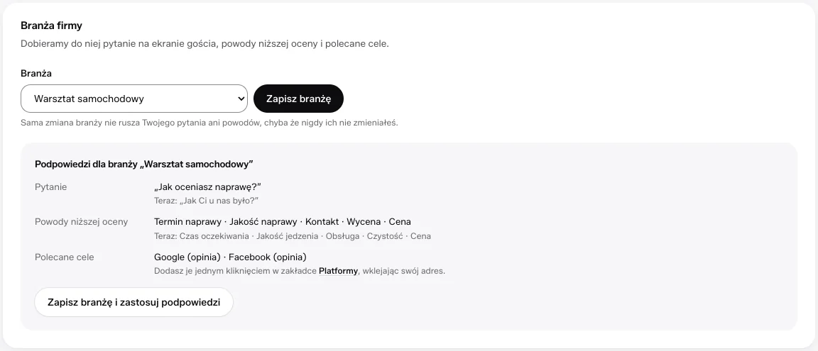 Ustawienia w panelu: branża Warsztat samochodowy, pytanie „Jak oceniasz naprawę?”, powody i cele Google oraz Facebook.