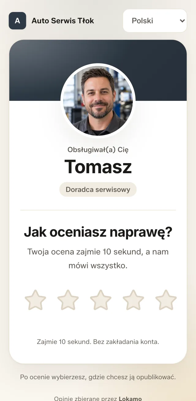 Ekran oceny naprawy: logo Auto Serwis Tłok, zdjęcie doradcy Tomasza, pytanie „Jak oceniasz naprawę?” i gwiazdki.