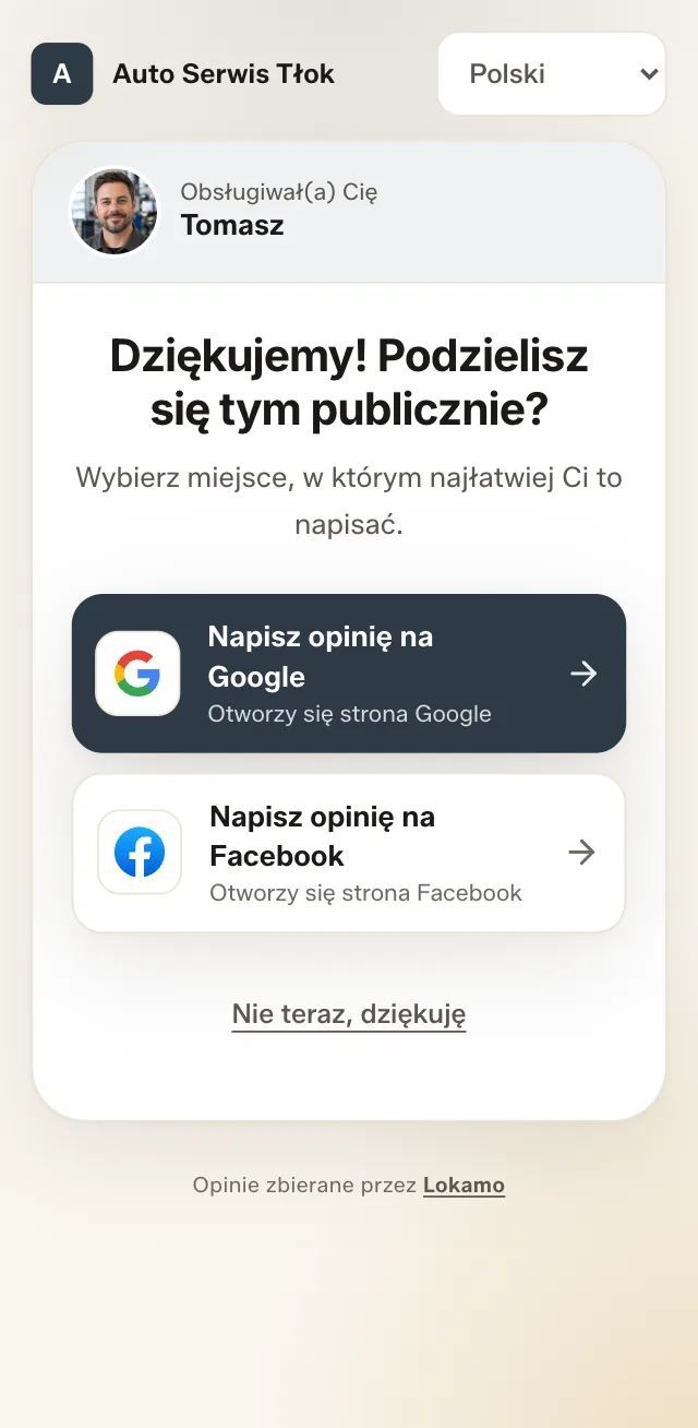 Ekran po ocenie: przycisk „Napisz opinię na Google”, pod nim „Napisz opinię na Facebook” i „Nie teraz, dziękuję”.