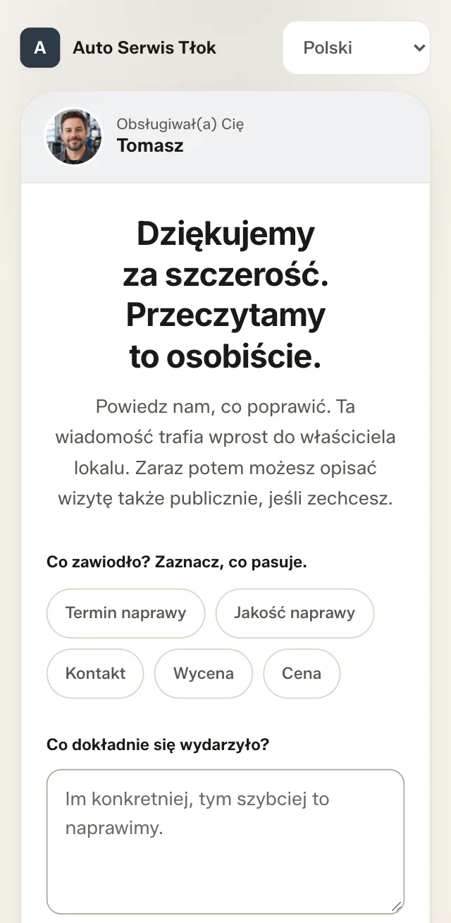 Prywatna wiadomość: „Co zawiodło?” z powodami Termin naprawy, Jakość naprawy, Kontakt, Wycena, Cena i polem na opis.