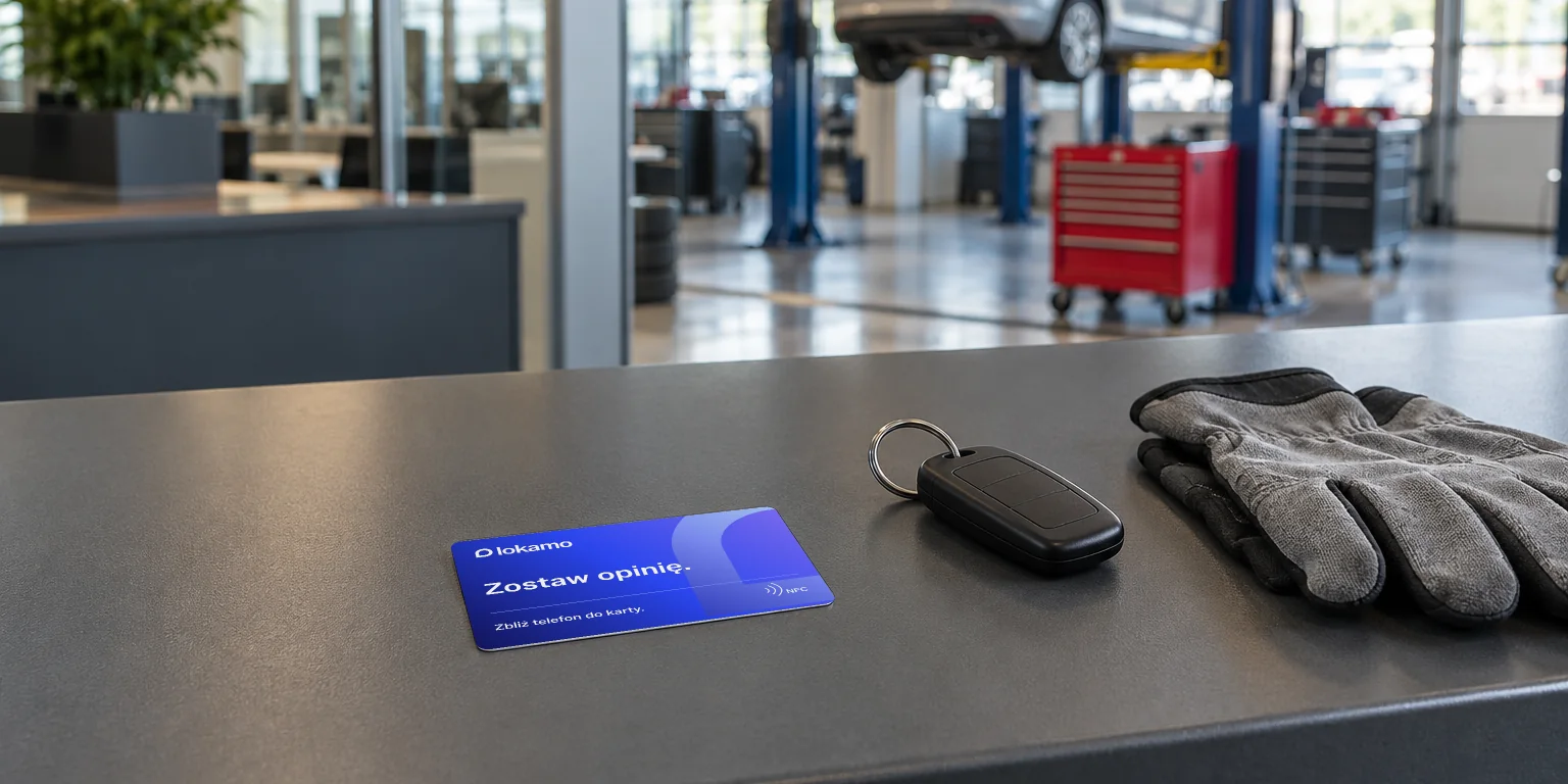 Karta NFC Lokamo „Zostaw opinię.” na ladzie przyjęć warsztatu obok kluczyka, w tle hala z autem na podnośniku.