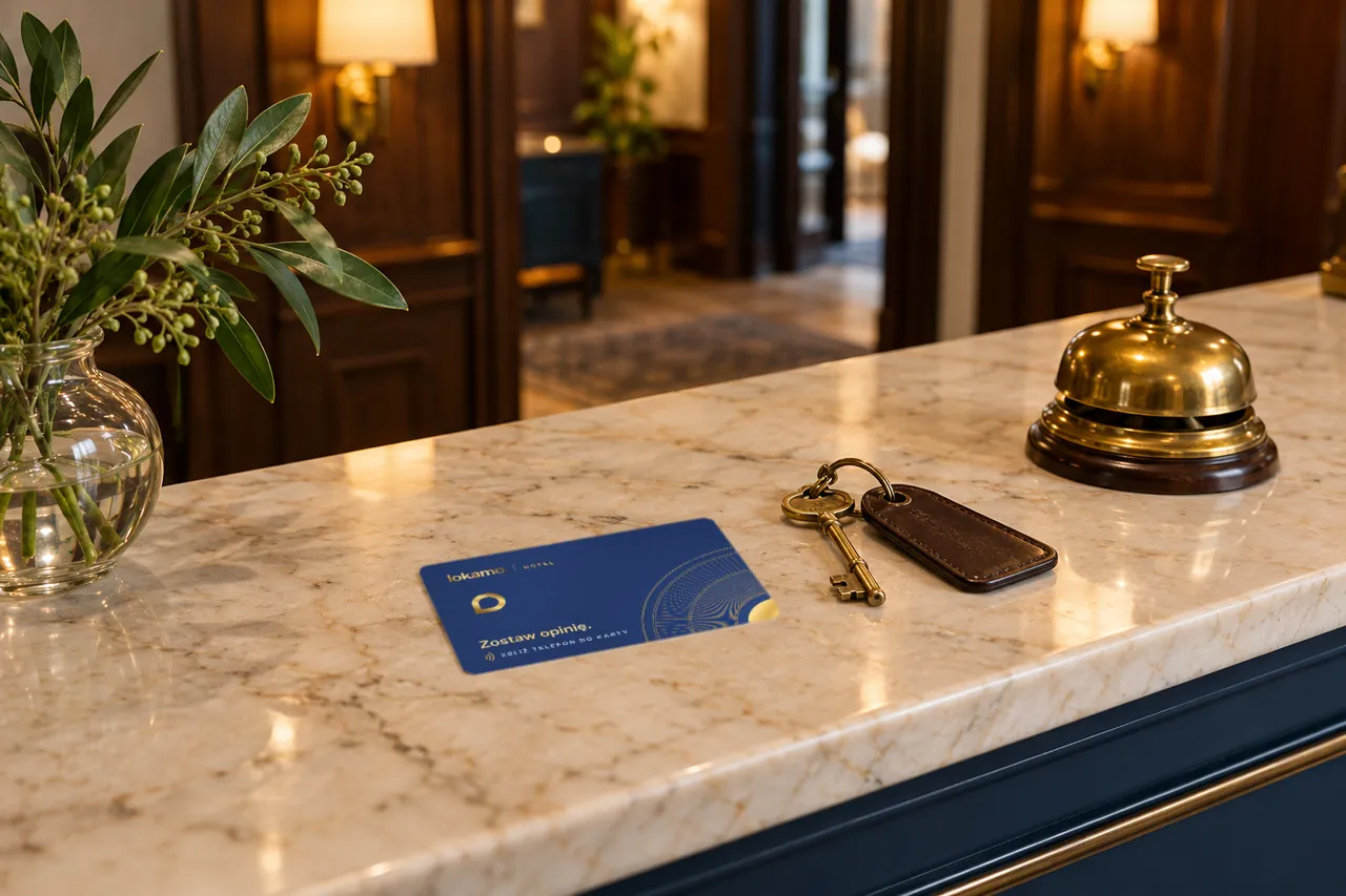 Karta NFC Lokamo w granatowym projekcie hotelowym na marmurowej ladzie recepcji obok dzwonka