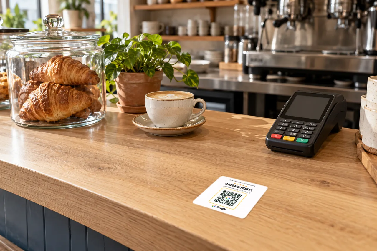Naklejka QR Lokamo 70 × 70 mm „Dziękujemy! Zostaw opinię w Google” na ladzie kawiarni przy terminalu