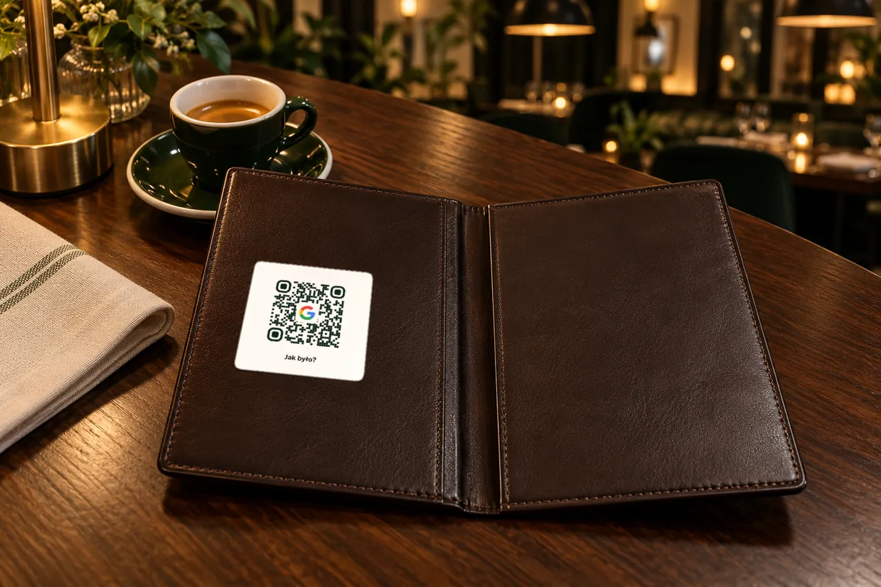 Otwarte skórzane etui na rachunek z białą naklejką QR Lokamo „Jak było?” 40 × 40 mm, obok espresso