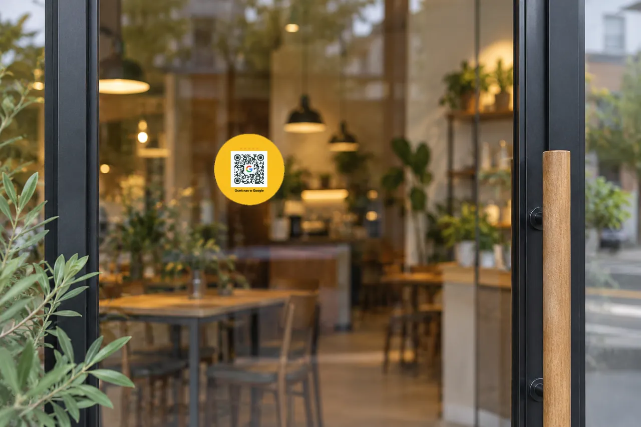 Okrągła żółta naklejka QR Lokamo „Oceń nas w Google” na szklanych drzwiach kawiarni