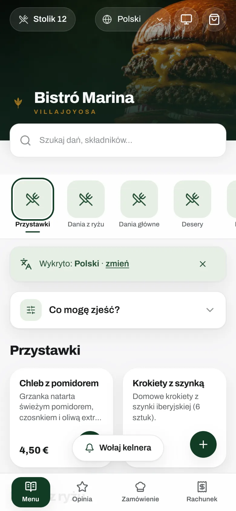 Karta menu Lokamo na telefonie gościa: kategorie, wyszukiwarka, wybór języka, filtr diet i przycisk wołania kelnera