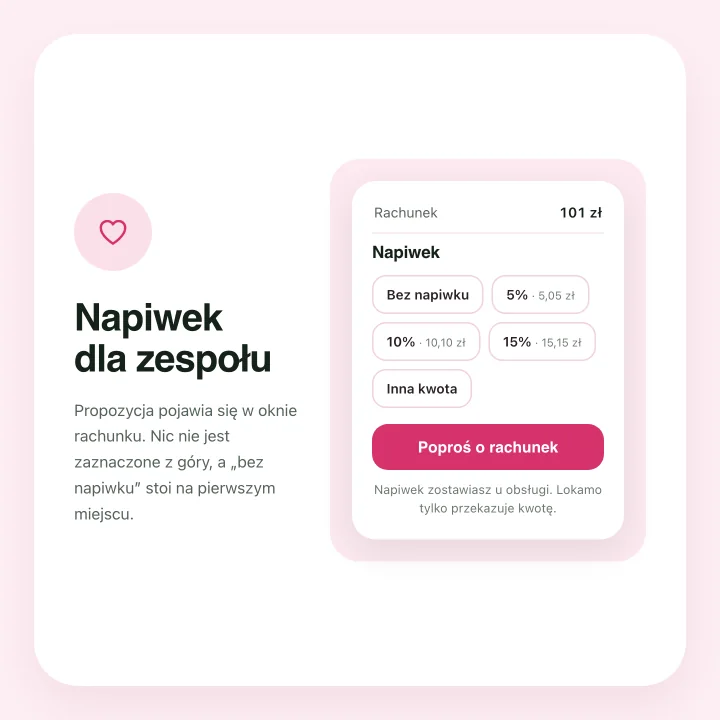 Okno napiwku z opcją bez napiwku, progami 5, 10 i 15 procent oraz polem na własną kwotę